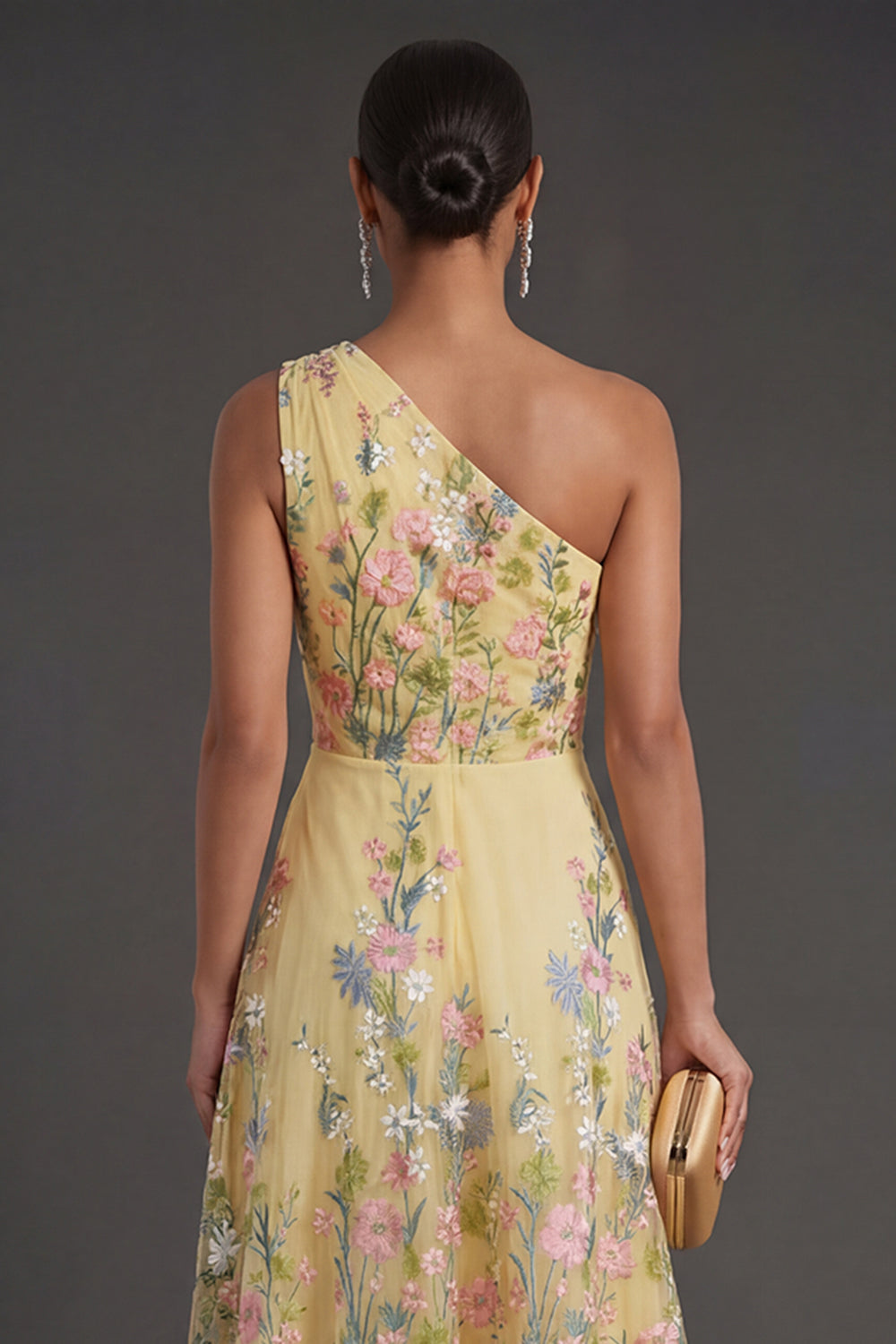 Yellow A Line Floral Midi Wedding Guest Dress