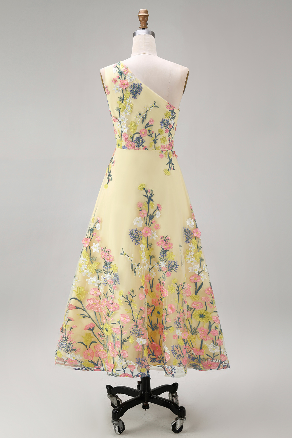 Yellow A Line Floral Midi Wedding Guest Dress