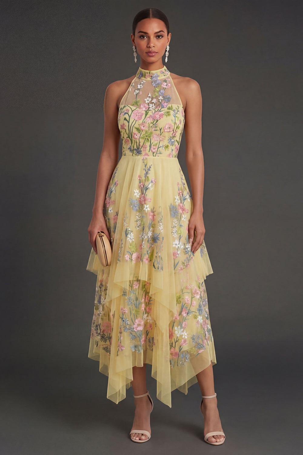 Yellow Halter Neck Floral Midi Wedding Guest Dress