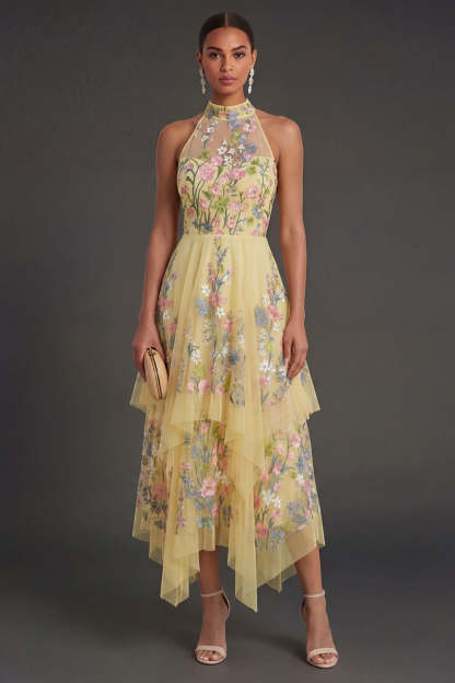 Leely Women Yellow Halter Neck Floral Midi Wedding Guest Dress Backless Sleeveless Garden Party Dress