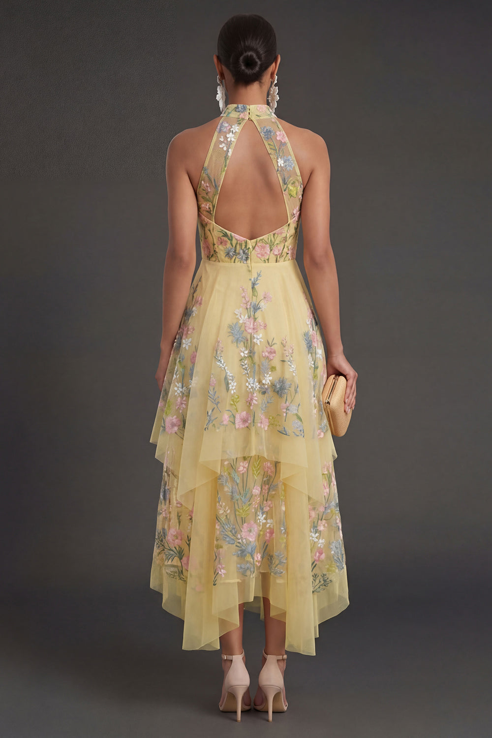 Yellow Halter Neck Floral Midi Wedding Guest Dress