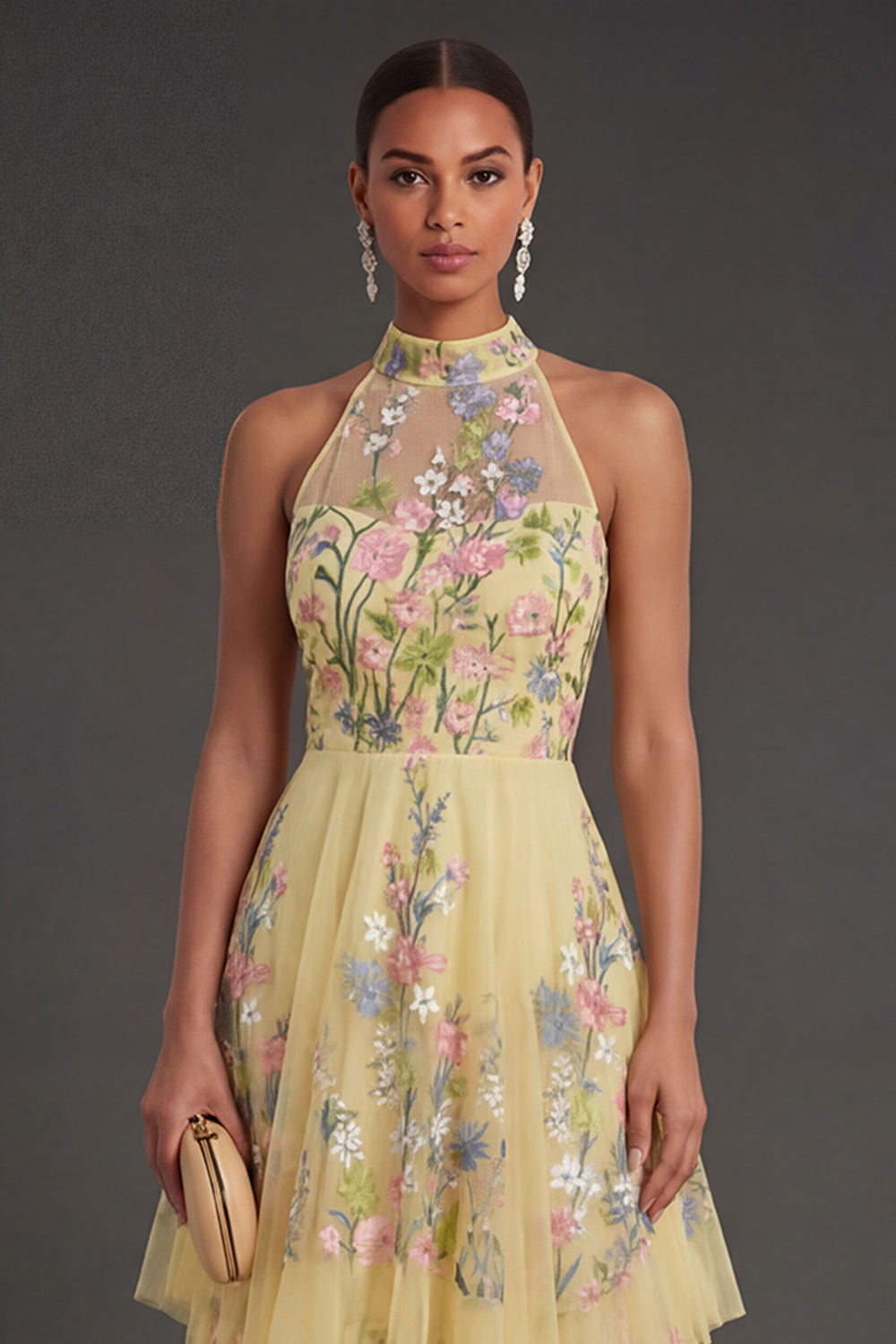 Yellow Halter Neck Floral Midi Wedding Guest Dress