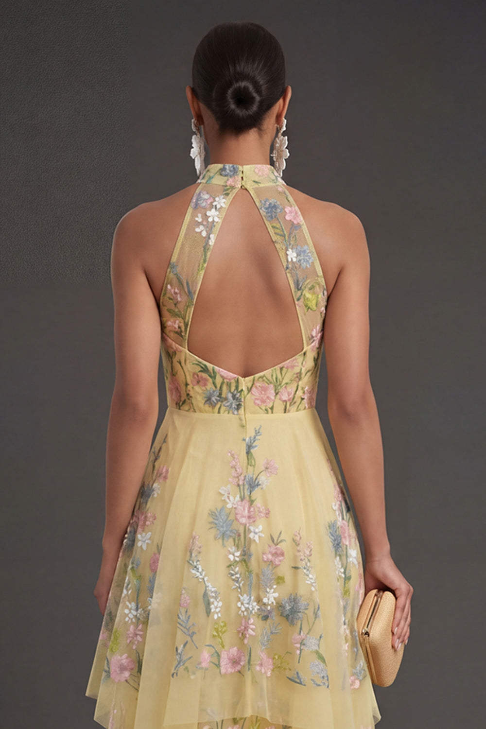 Yellow Halter Neck Floral Midi Wedding Guest Dress