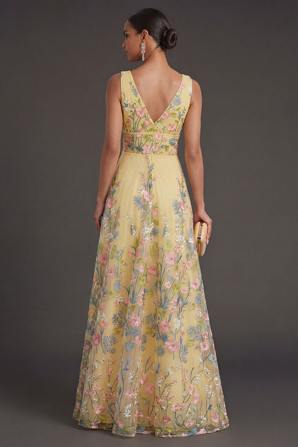 Floral Yellow A Line Long Wedding Guest Dress