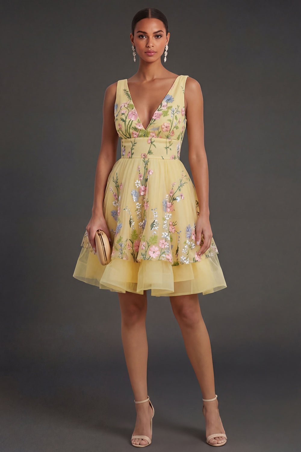 Leely Women Short Yellow Floral V Neck Summer Wedding Guest Dress Backless Sleeveless Garden Party Dress