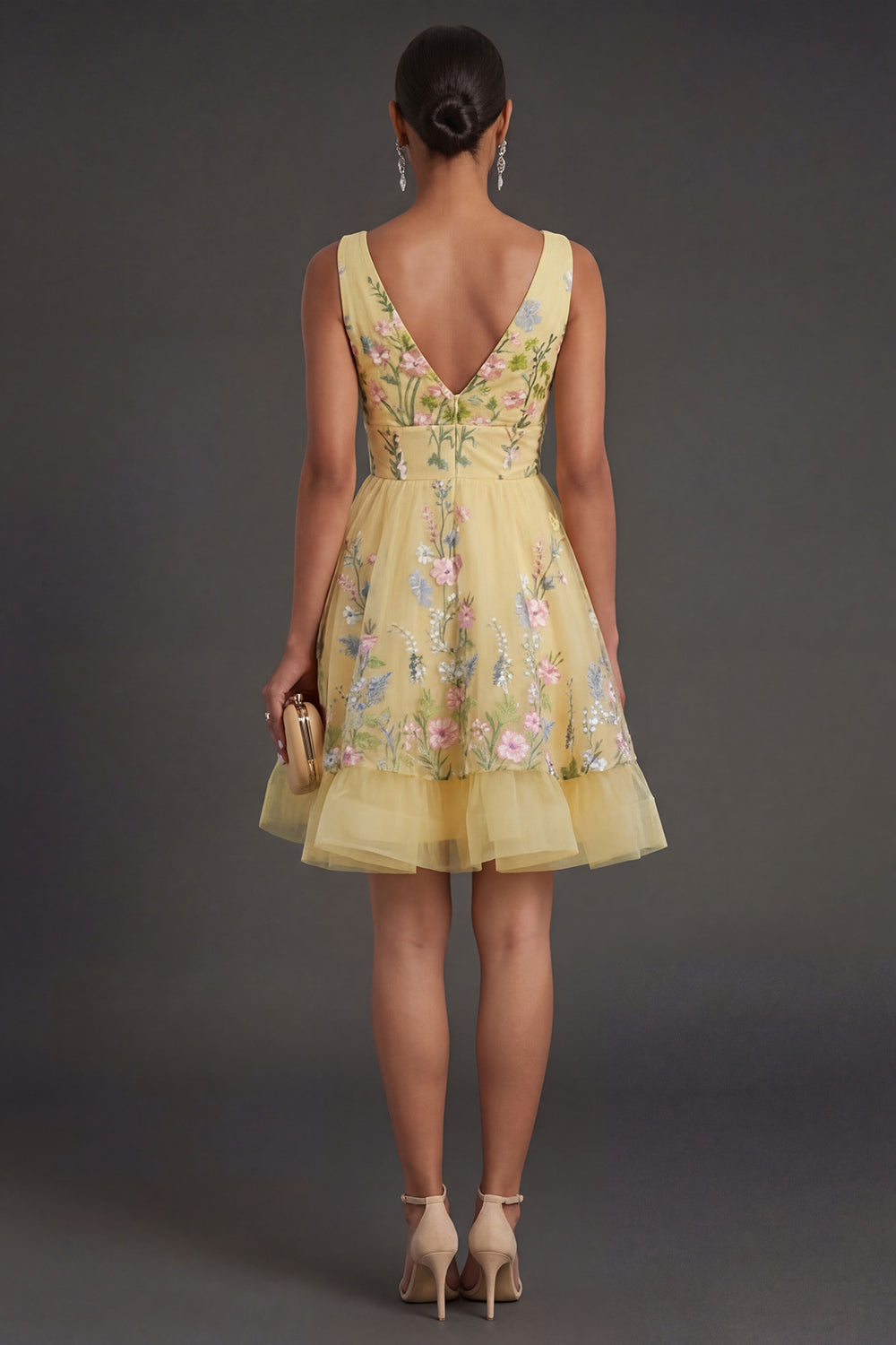Short Yellow Floral V Neck Summer Wedding Guest Dress