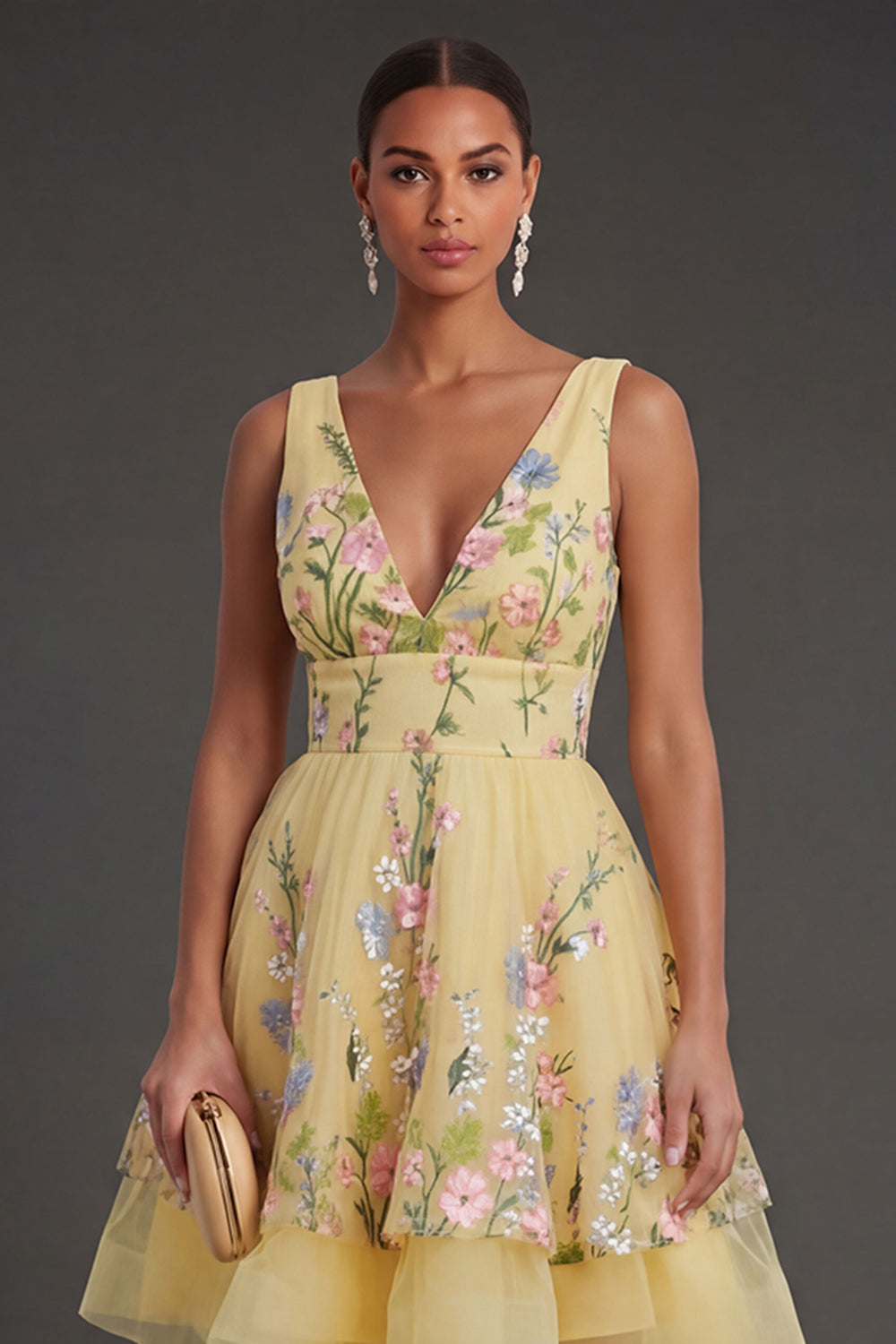 Short Yellow Floral V Neck Summer Wedding Guest Dress