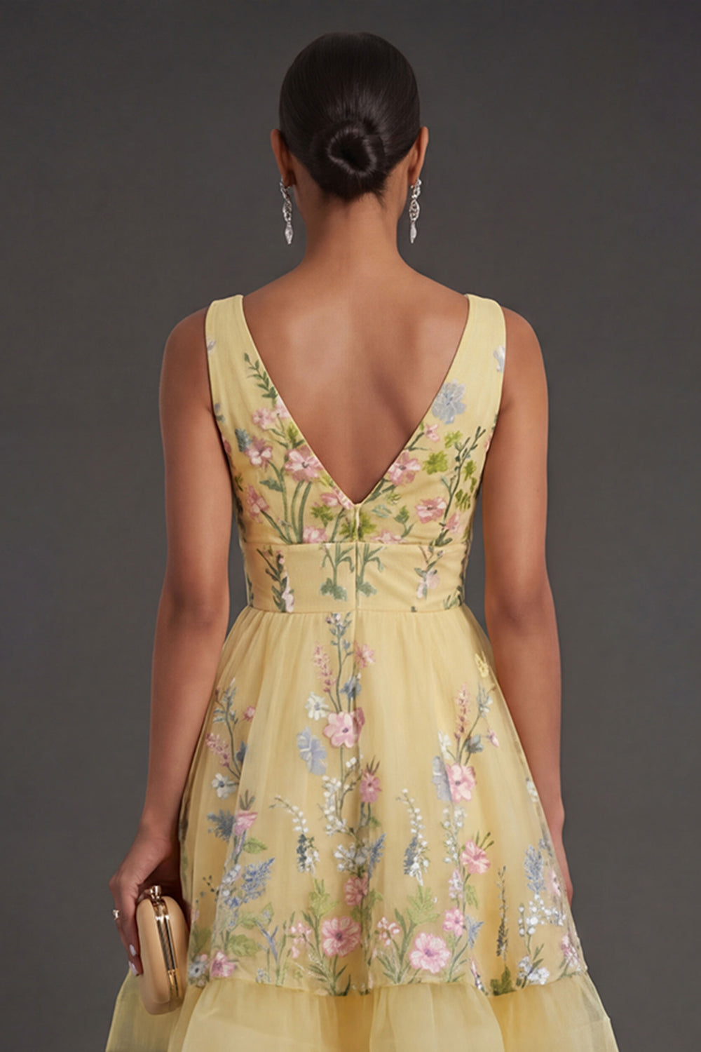 Short Yellow Floral V Neck Summer Wedding Guest Dress