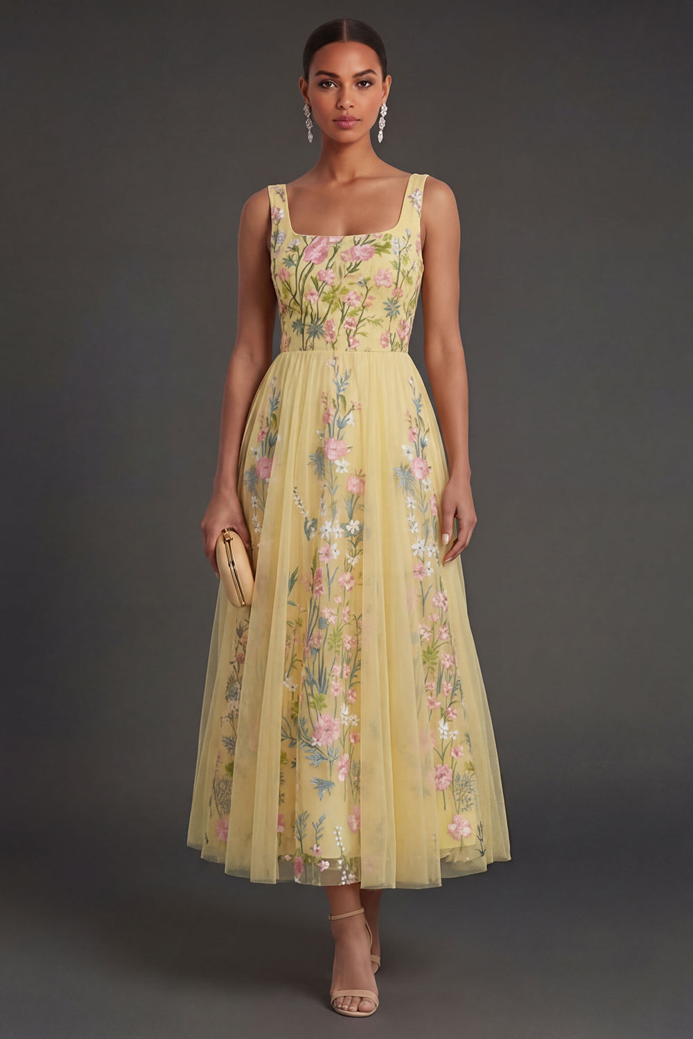 Leely Women A Line Square Neck Floral Yellow Long Wedding Guest Dress Backless Sleeveless Garden Party Dress