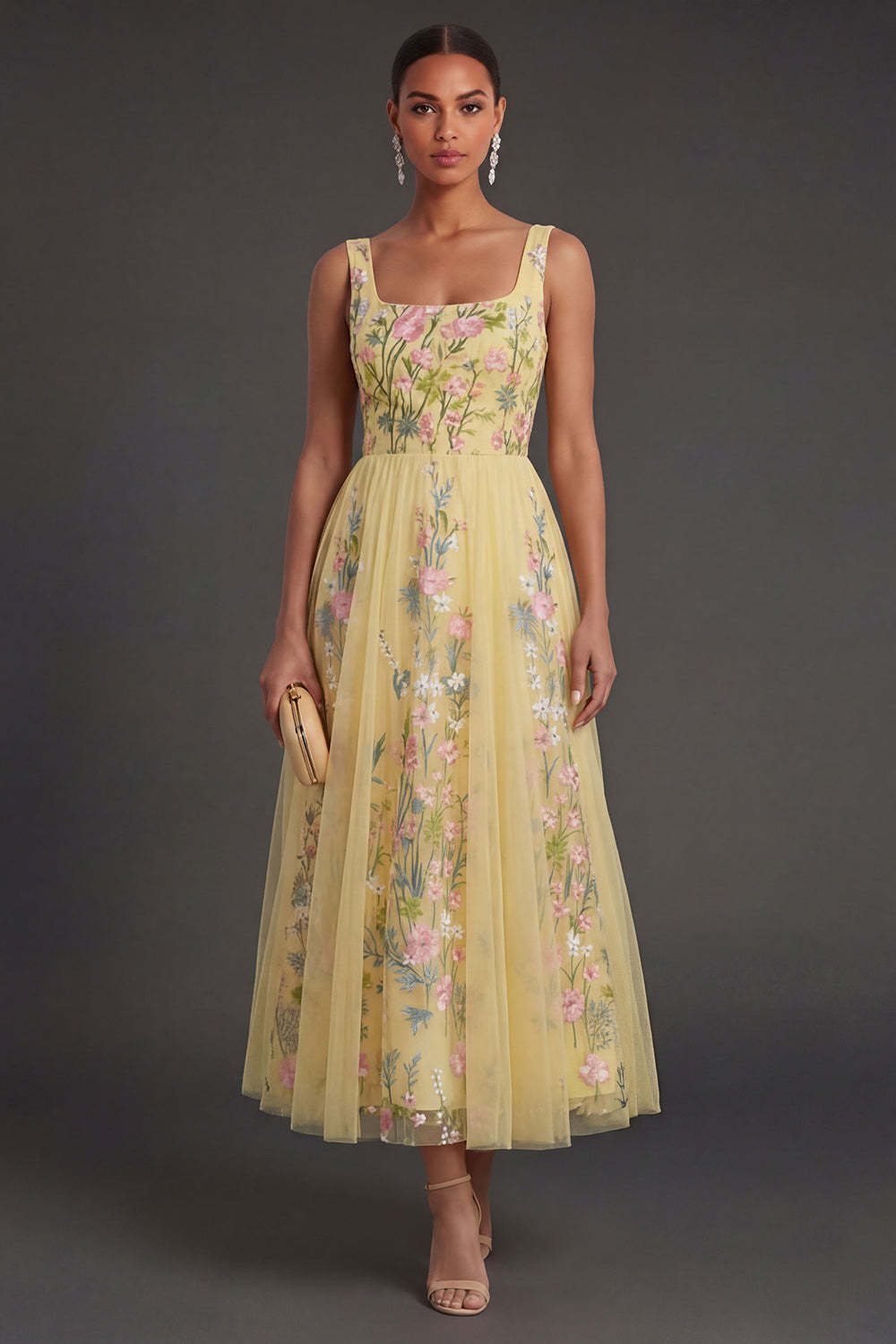 Leely Women A Line Square Neck Floral Yellow Long Wedding Guest Dress Backless Sleeveless Garden Party Dress