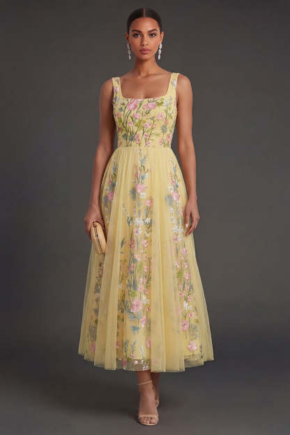 Leely Women A Line Square Neck Floral Yellow Long Wedding Guest Dress Backless Sleeveless Garden Party Dress