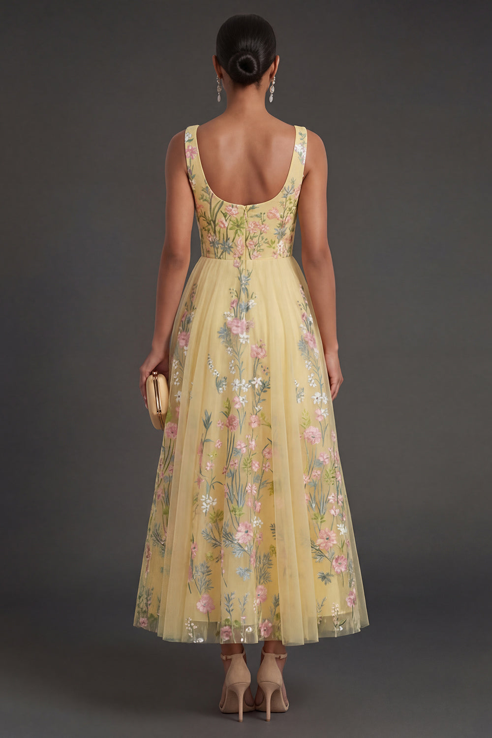 A Line Square Neck Floral Yellow Long Wedding Guest Dress