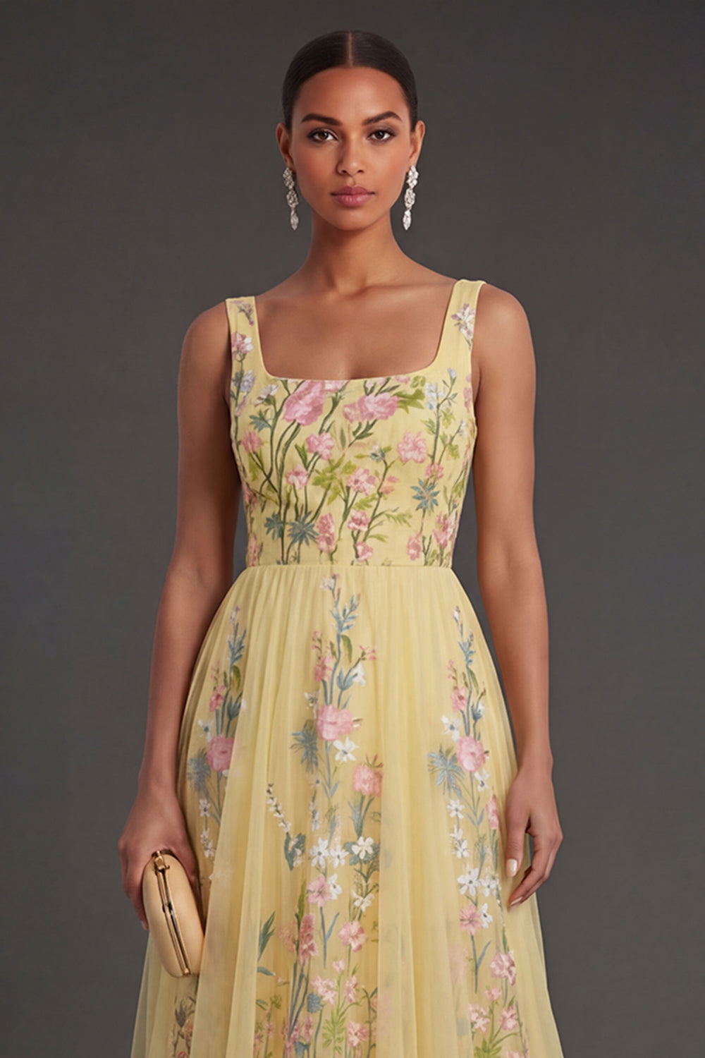 A Line Square Neck Floral Yellow Long Wedding Guest Dress