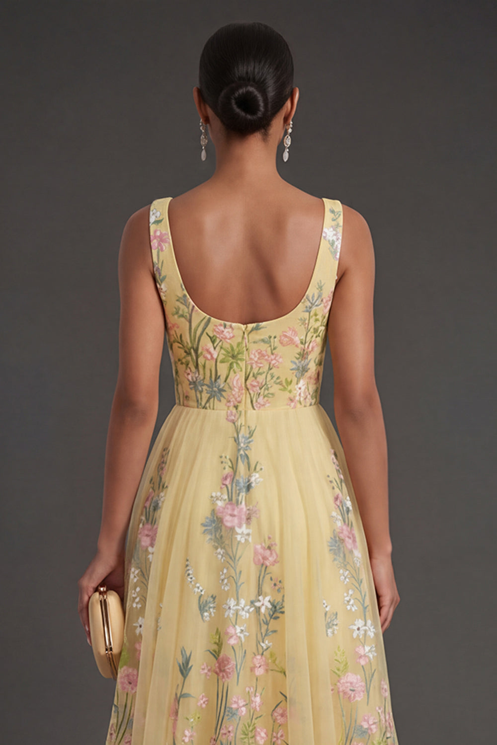 A Line Square Neck Floral Yellow Long Wedding Guest Dress