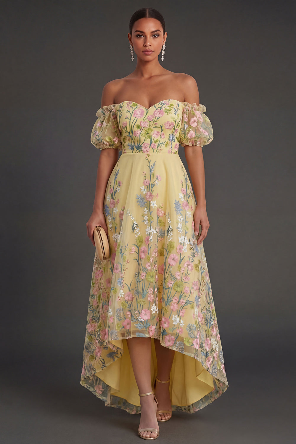 A Line Off the Shoulder Floral Yellow High Low Wedding Guest Dress