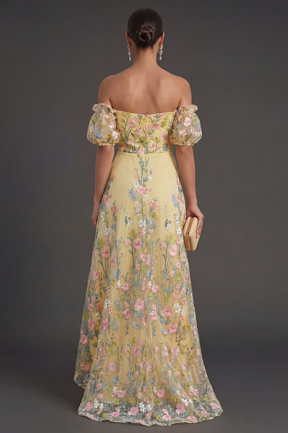 A Line Off the Shoulder Floral Yellow High Low Wedding Guest Dress