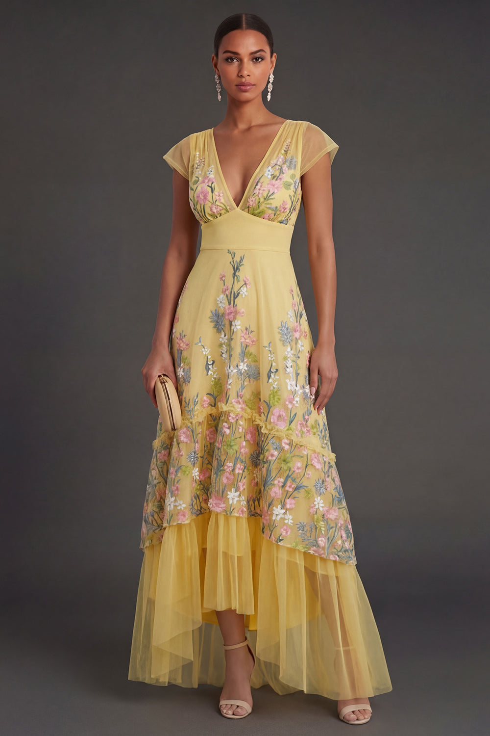 Leely Women V Neck A Line Floral Yellow Long Wedding Guest Dress Short Sleeves Backless Garden Party Dress