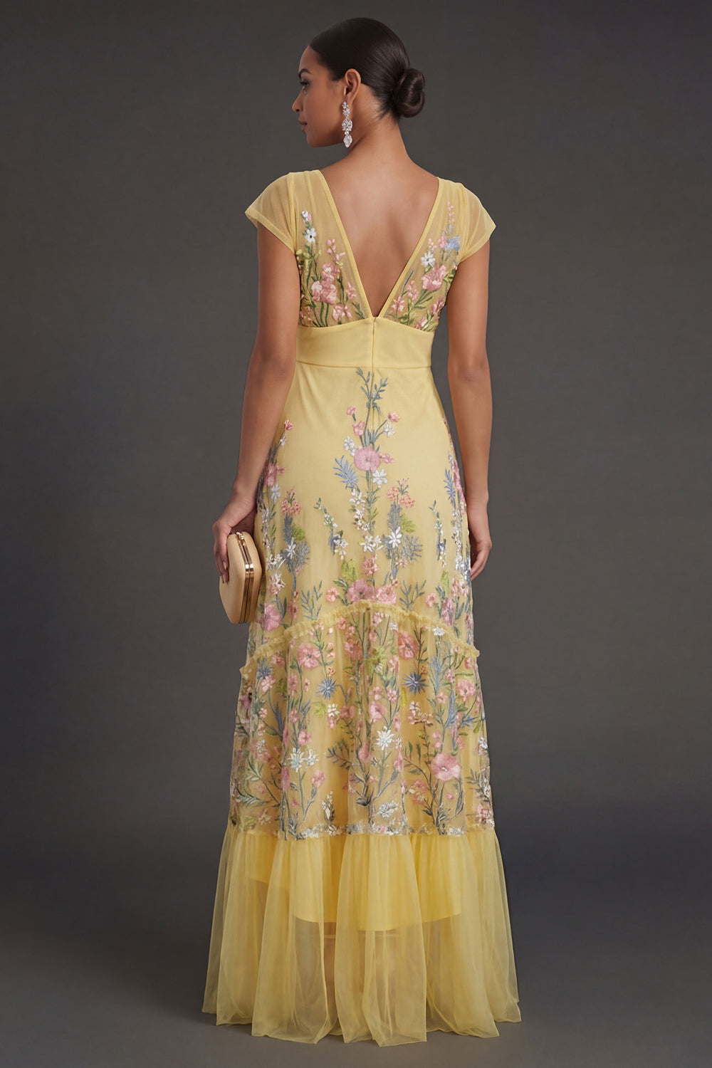 V Neck A Line Floral Yellow Long Wedding Guest Dress
