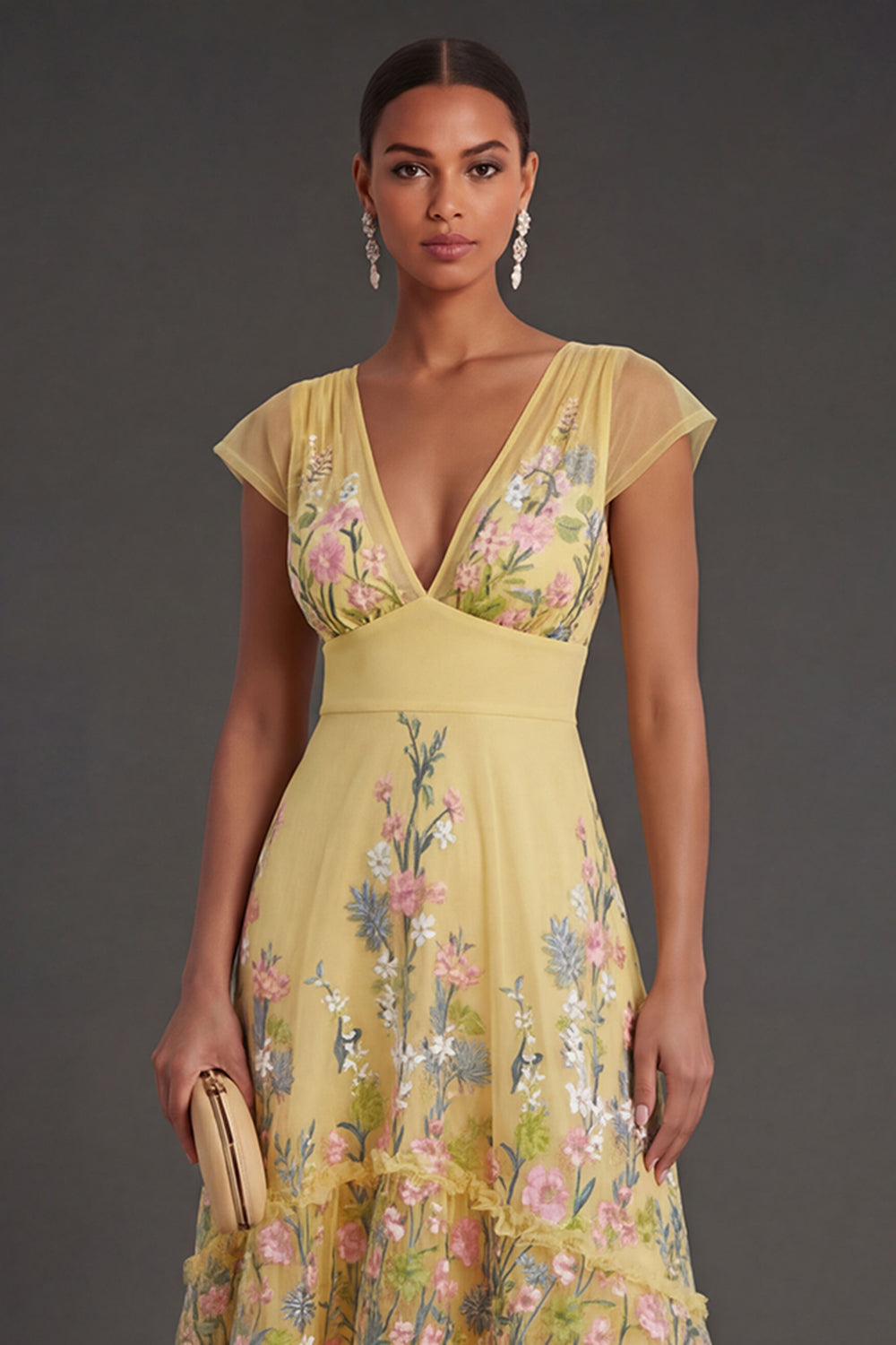 V Neck A Line Floral Yellow Long Wedding Guest Dress