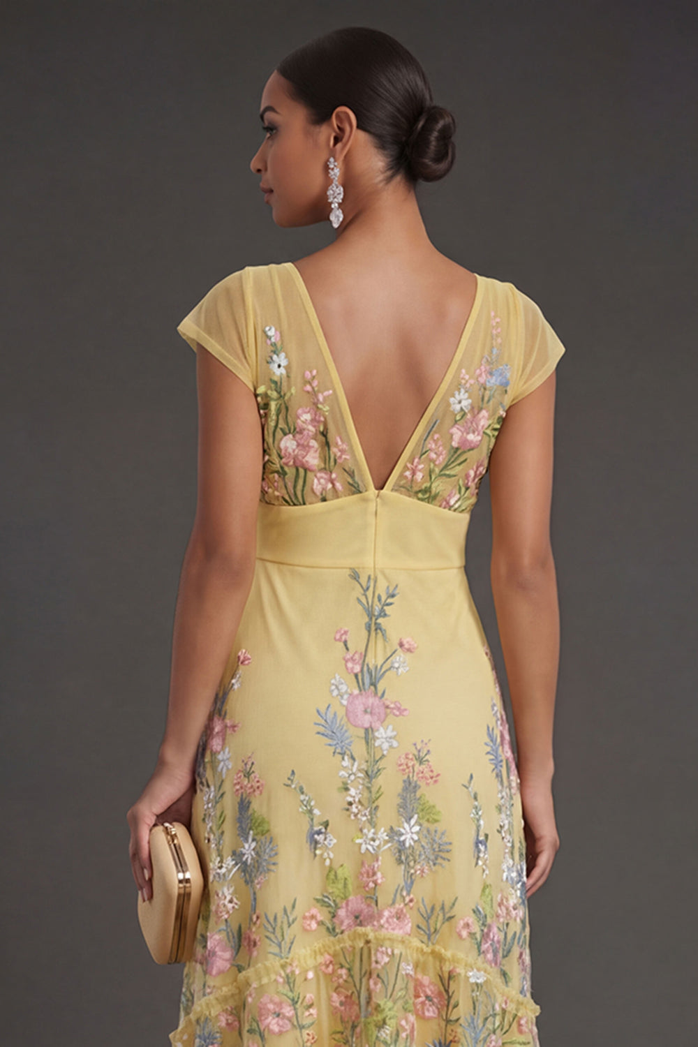 V Neck A Line Floral Yellow Long Wedding Guest Dress