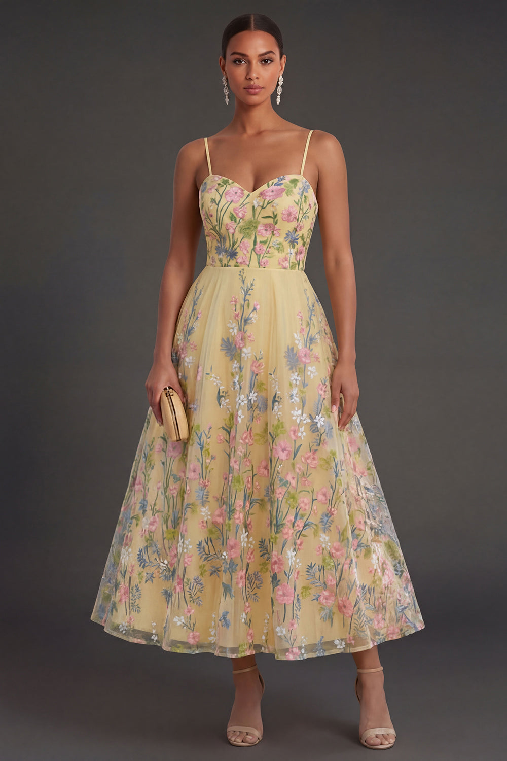 A Line Floral Yellow Spaghetti Straps Long Wedding Guest Dress