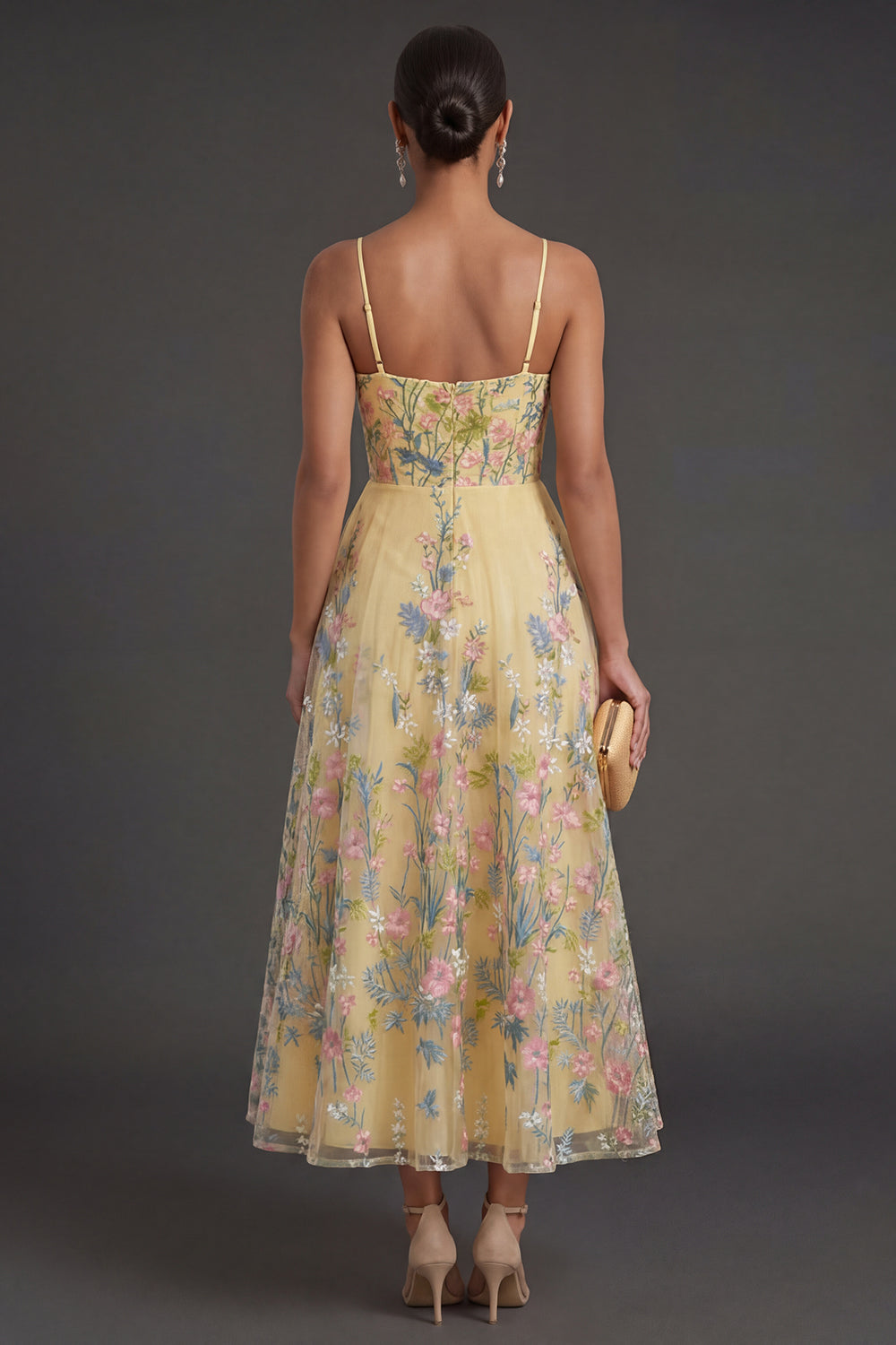 A Line Floral Yellow Spaghetti Straps Long Wedding Guest Dress