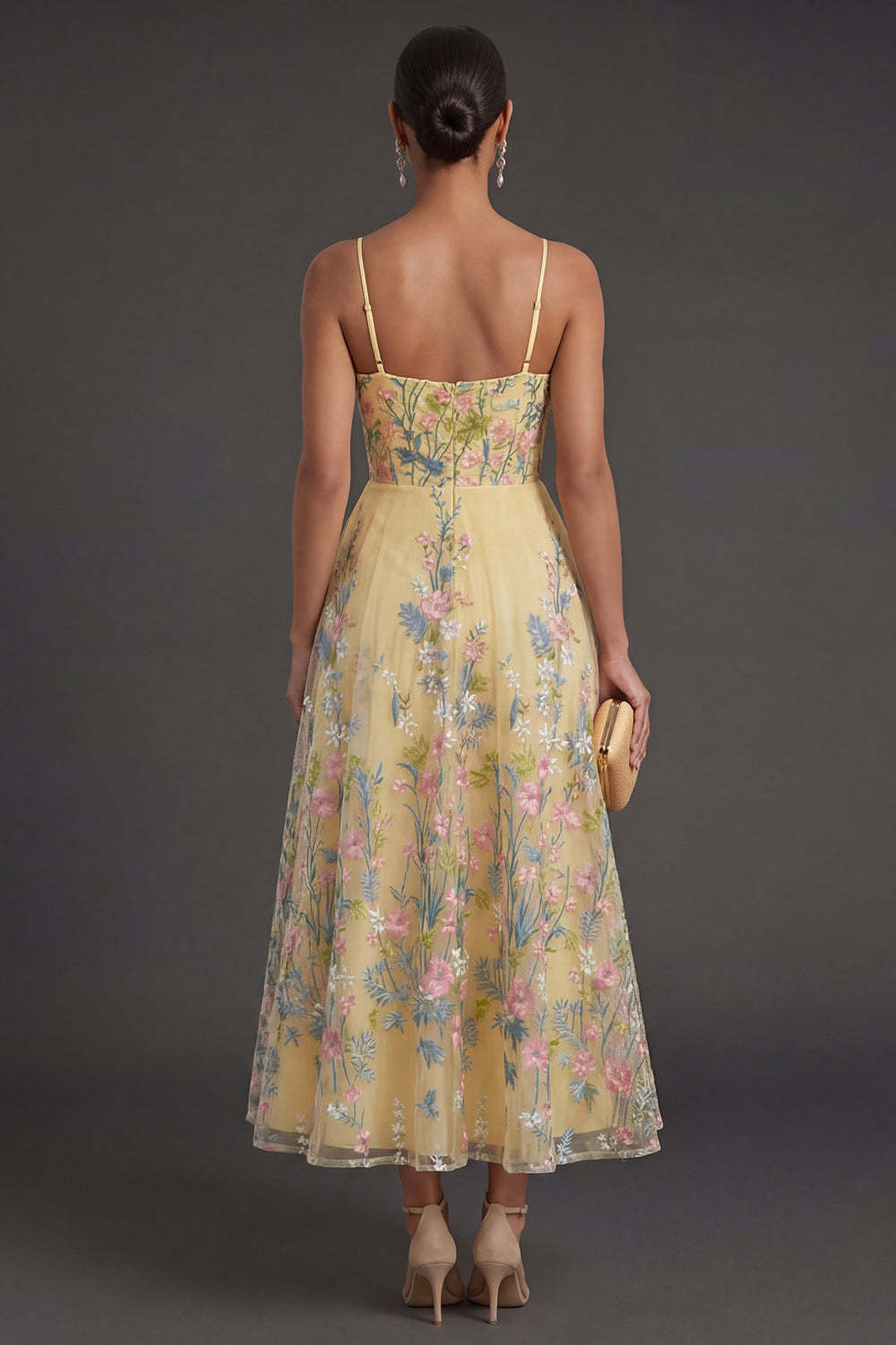 A Line Floral Yellow Spaghetti Straps Long Wedding Guest Dress