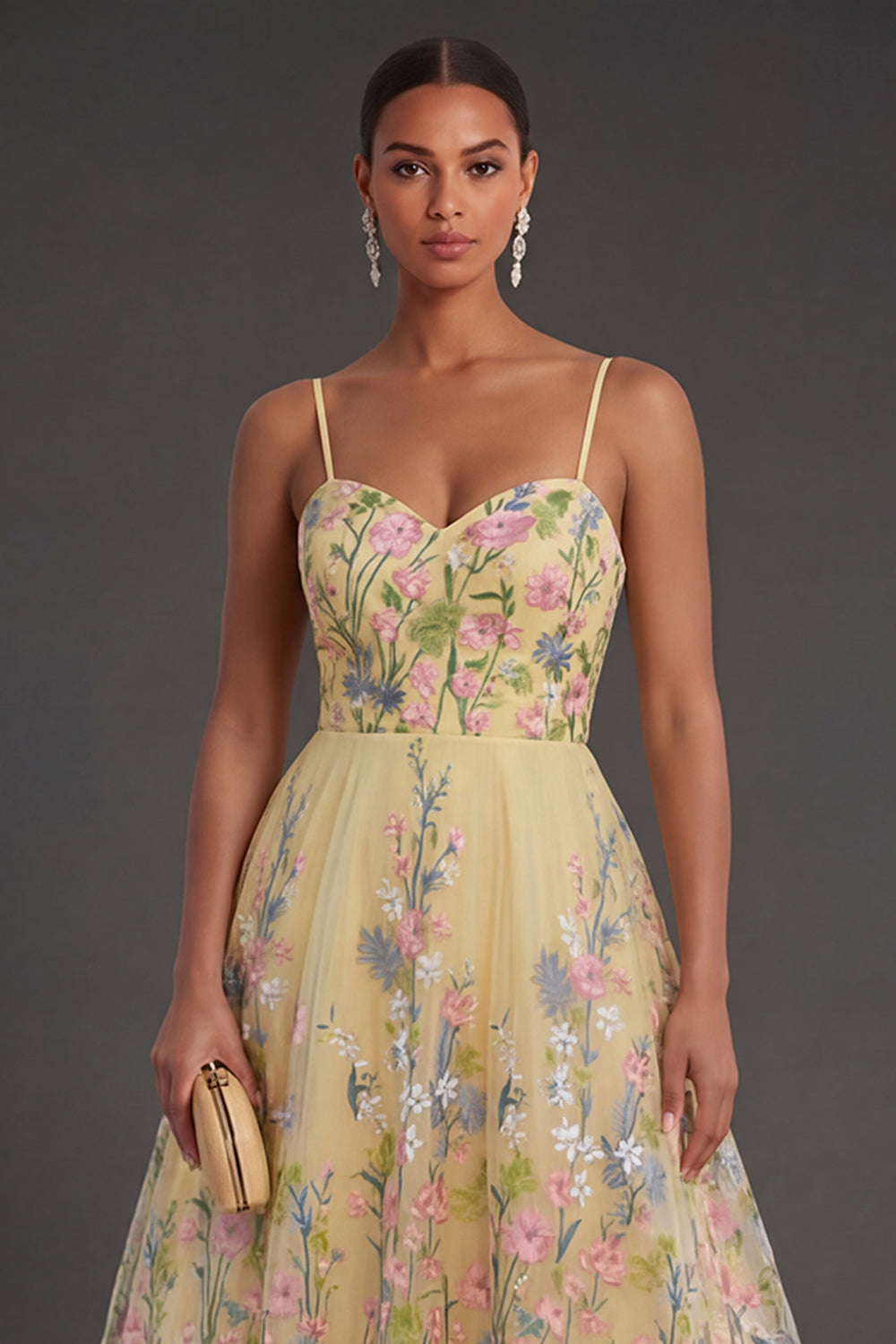 A Line Floral Yellow Spaghetti Straps Long Wedding Guest Dress
