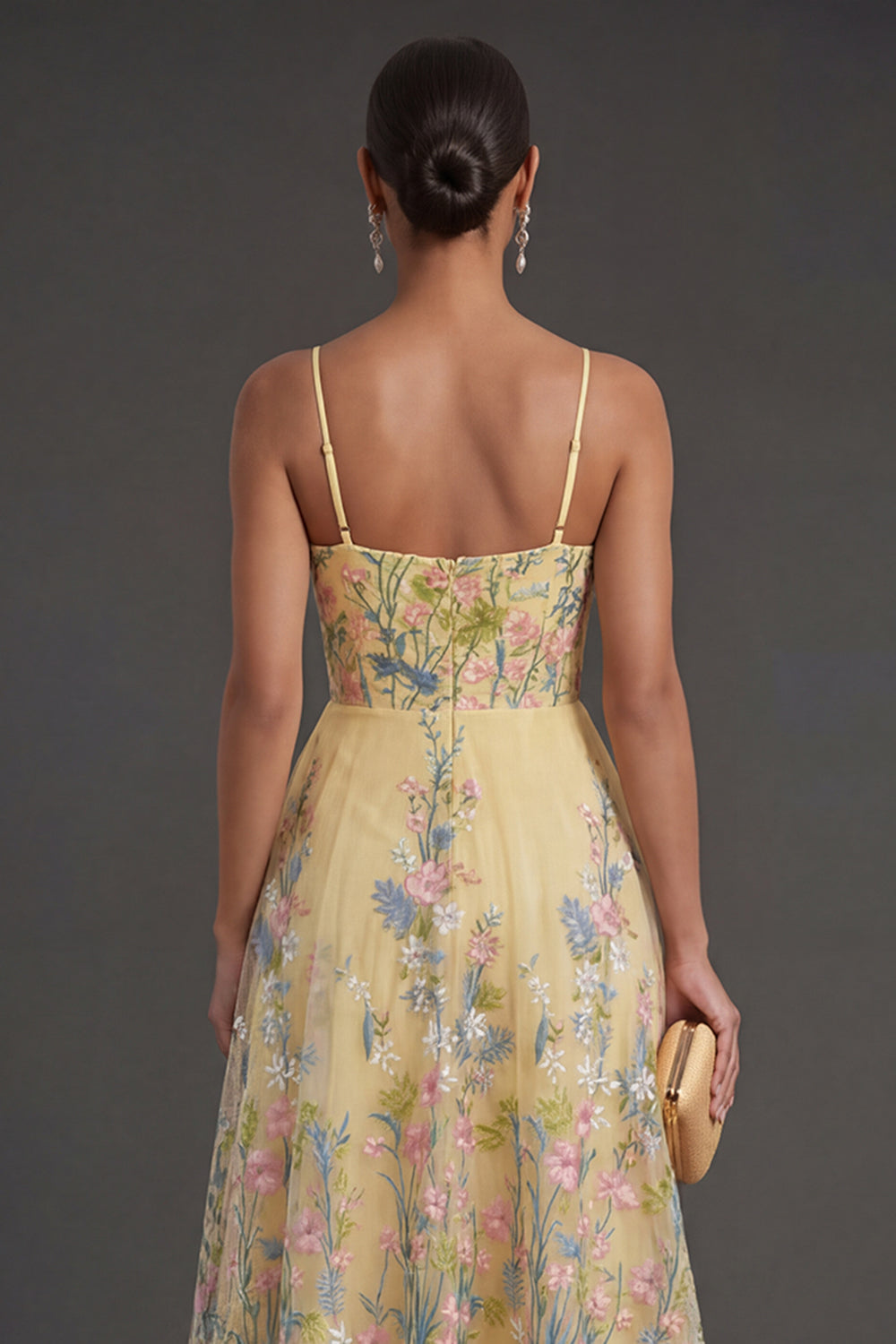 A Line Floral Yellow Spaghetti Straps Long Wedding Guest Dress