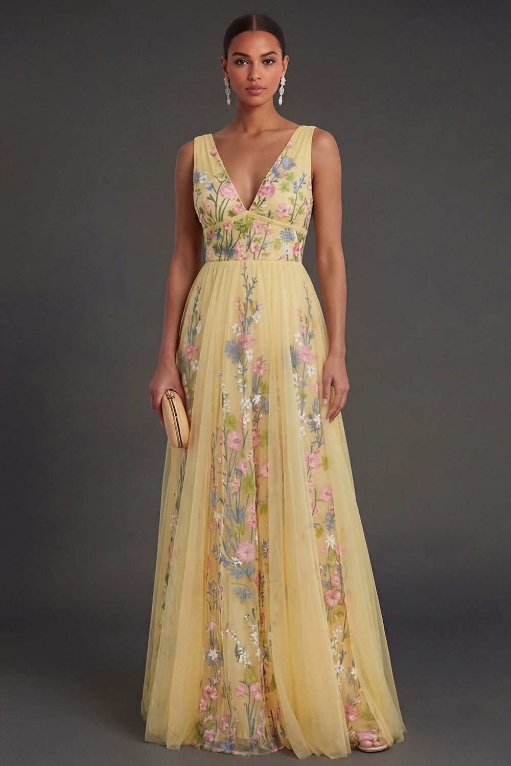A Line Floral Yellow Backless Long Wedding Guest Dress