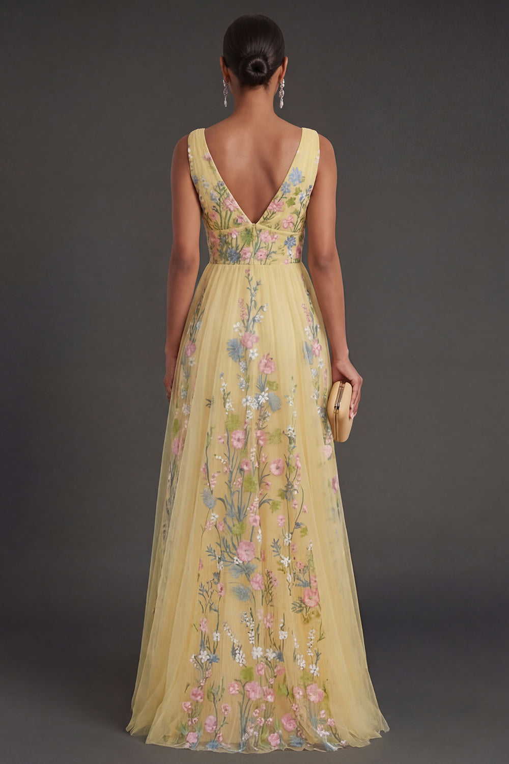 A Line Floral Yellow Backless Long Wedding Guest Dress
