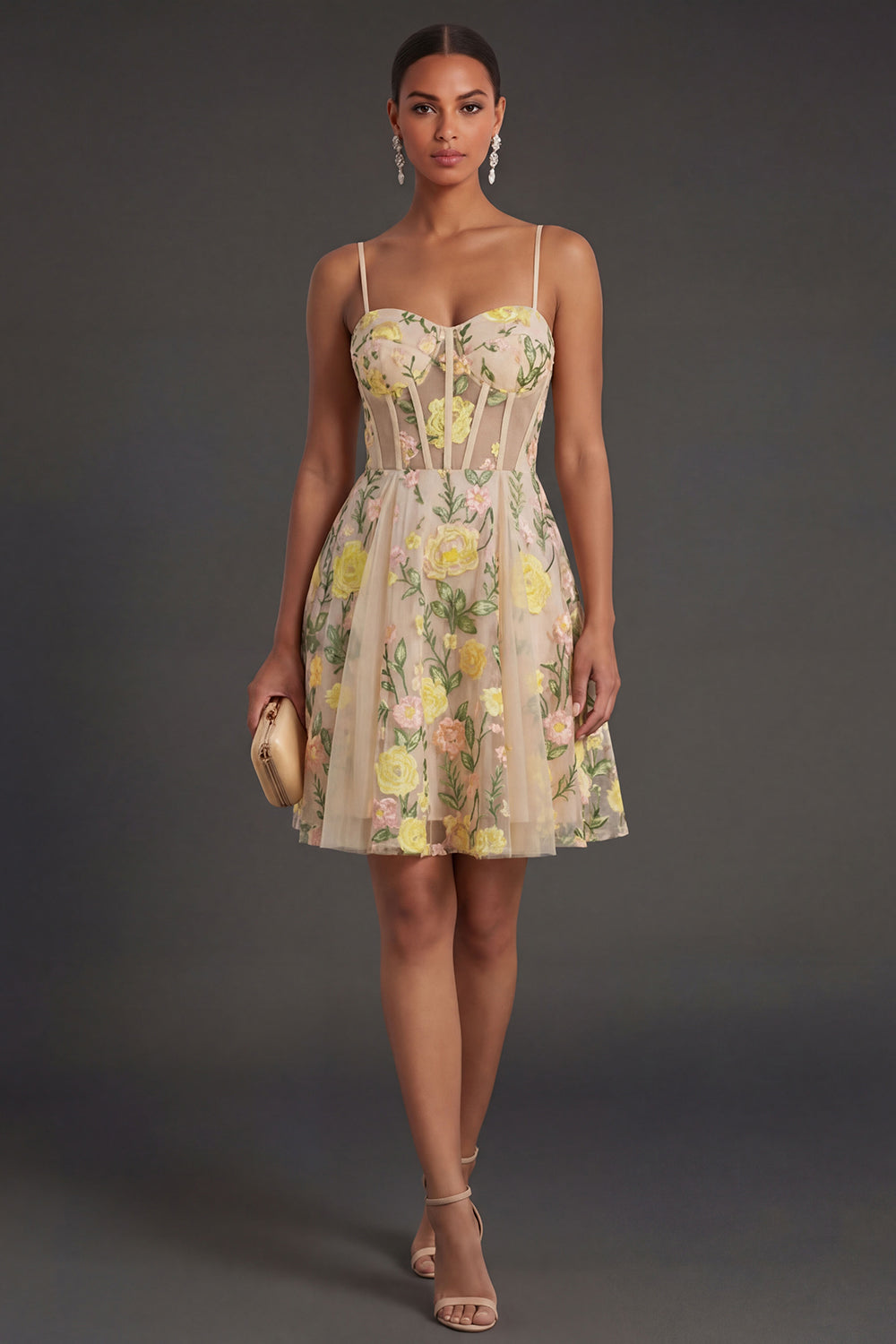 A Line Corset Floral Champagne Short Summer Wedding Guest Dress