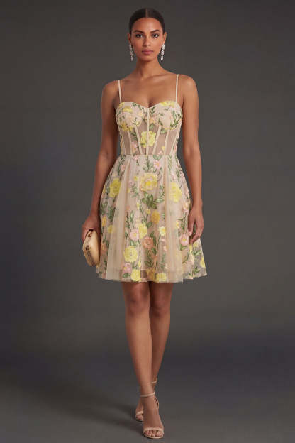 Leely Women A Line Corset Floral Champagne Short Summer Wedding Guest Dress Spaghetti Straps Backless Garden Party Dress