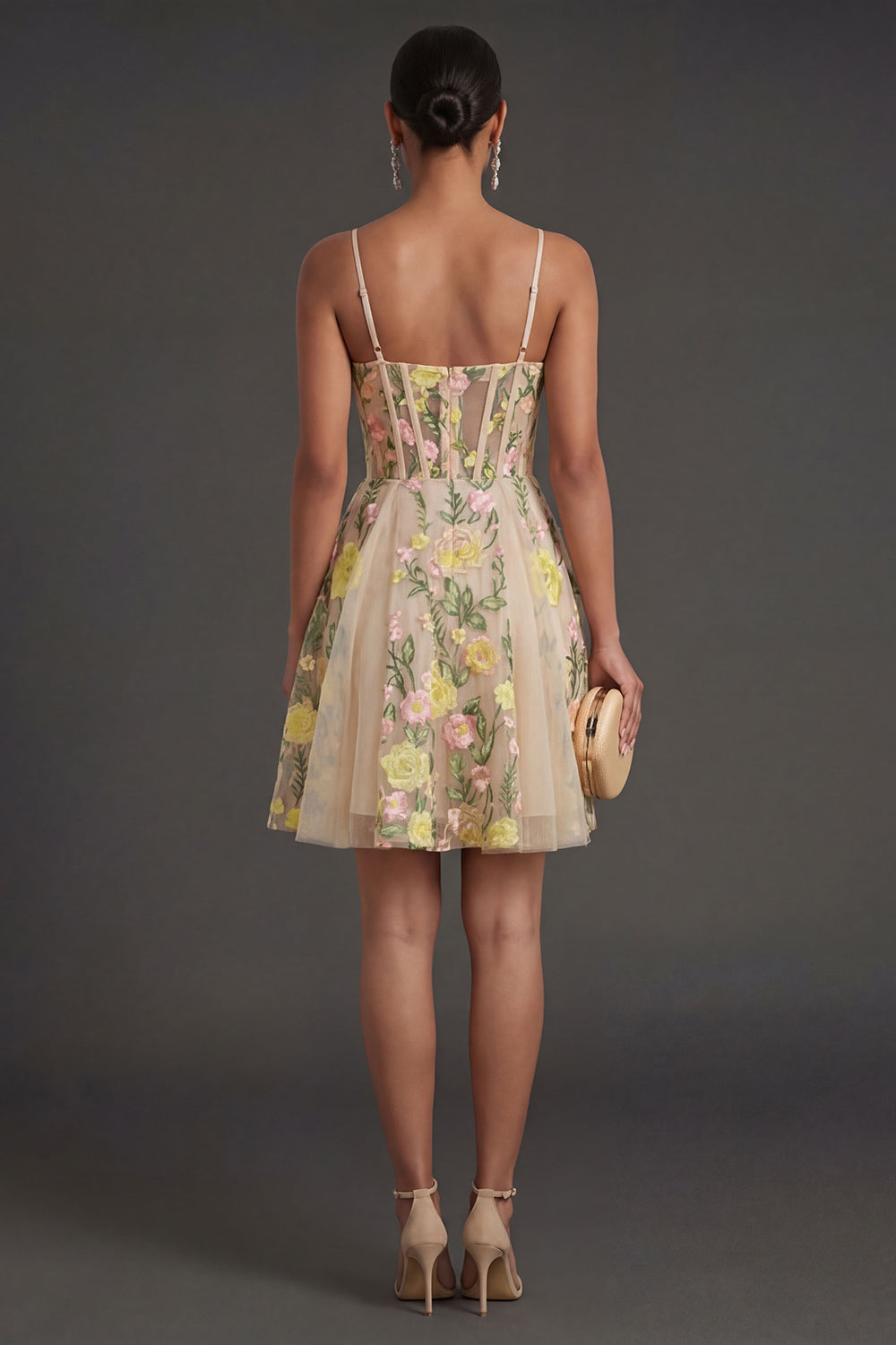 A Line Corset Floral Champagne Short Summer Wedding Guest Dress