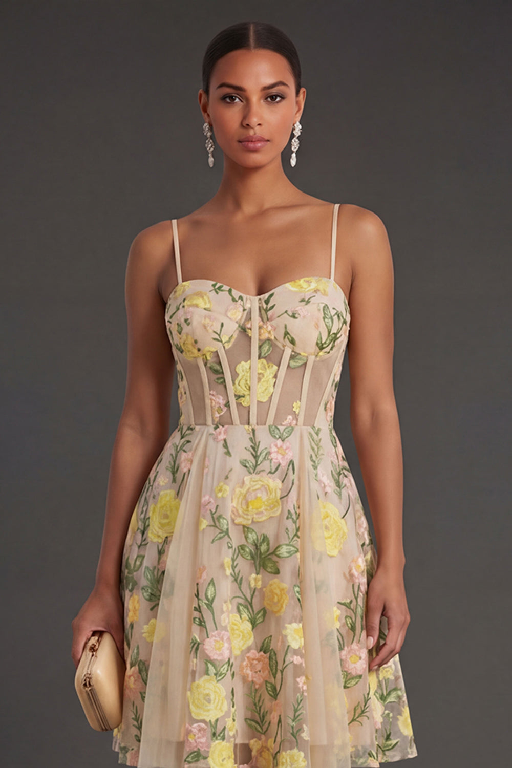 A Line Corset Floral Champagne Short Summer Wedding Guest Dress