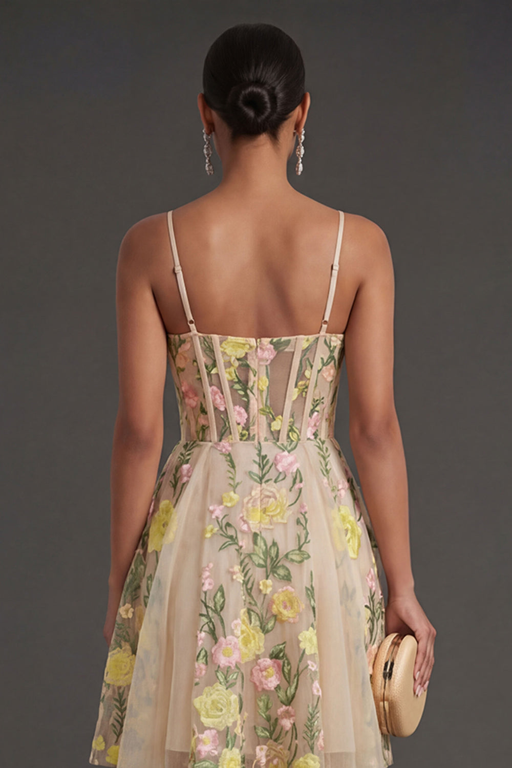 A Line Corset Floral Champagne Short Summer Wedding Guest Dress
