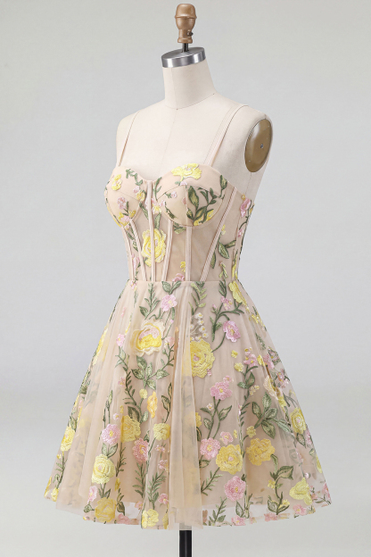 A Line Corset Floral Champagne Short Summer Wedding Guest Dress