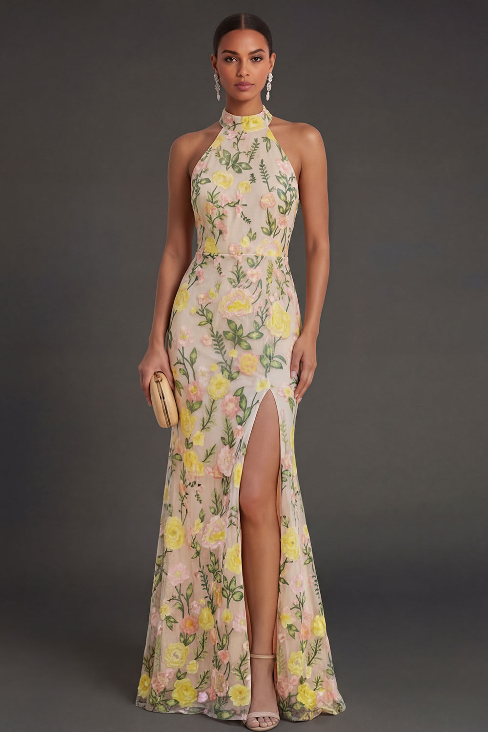 Leely Women Champagne Mermaid Floral Long Wedding Guest Dress with Slit Halter Neck Backless Sleeveless Garden Party Dress