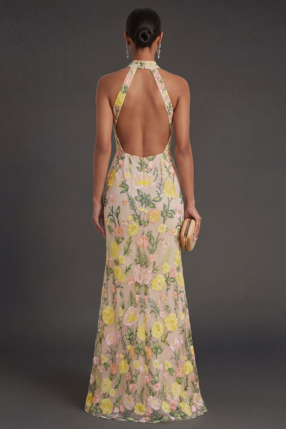 Champagne Mermaid Floral Long Wedding Guest Dress with Slit