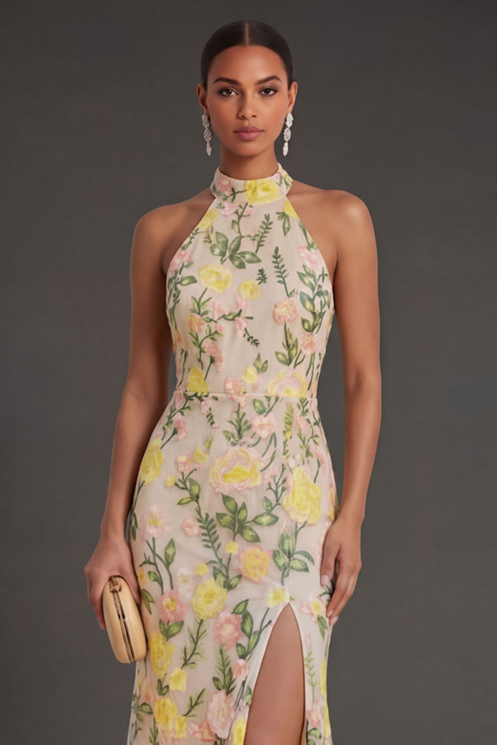 Champagne Mermaid Floral Long Wedding Guest Dress with Slit