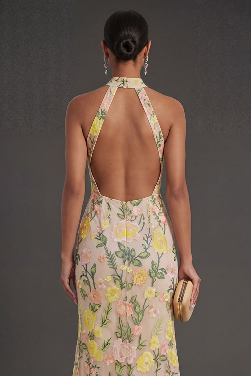Champagne Mermaid Floral Long Wedding Guest Dress with Slit