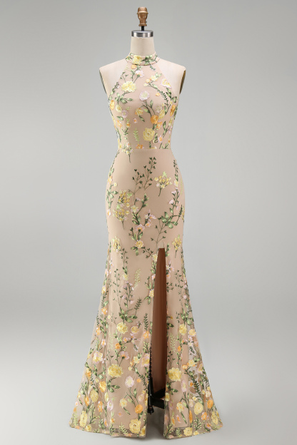 Champagne Mermaid Floral Long Wedding Guest Dress with Slit