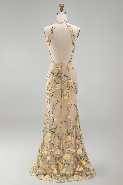 Champagne Mermaid Floral Long Wedding Guest Dress with Slit