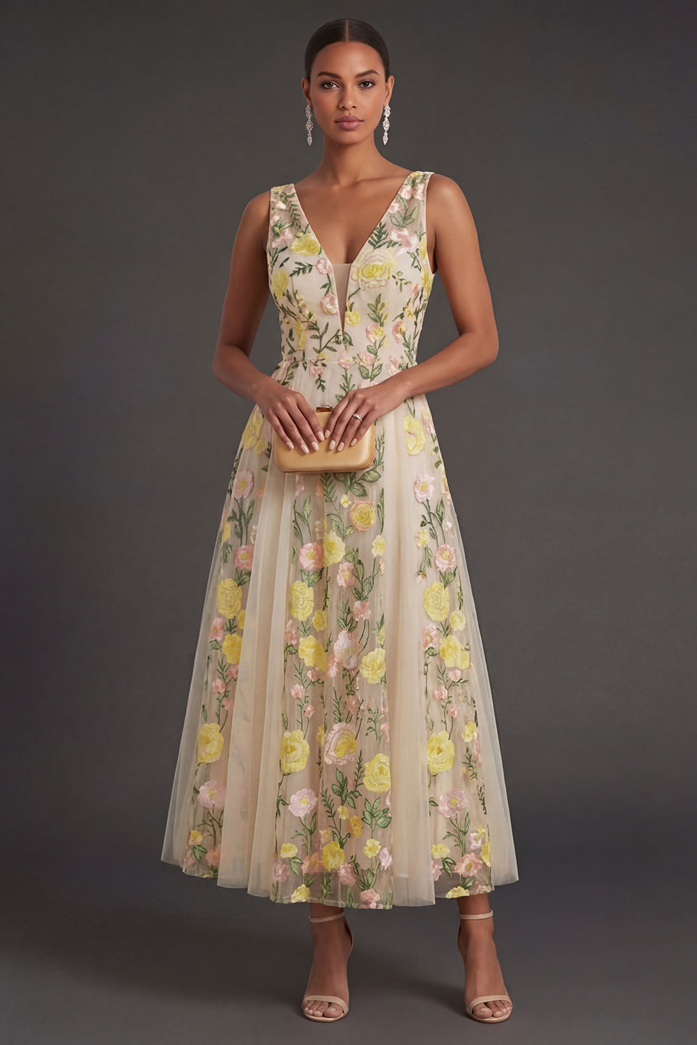 Champagne A Line Floral V Neck Long Wedding Guest Dress
