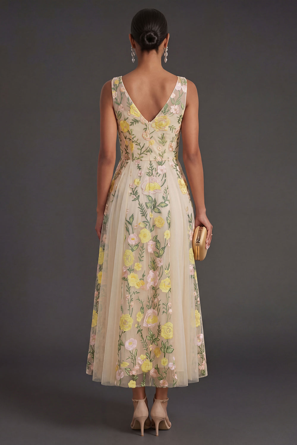 Champagne A Line Floral V Neck Long Wedding Guest Dress