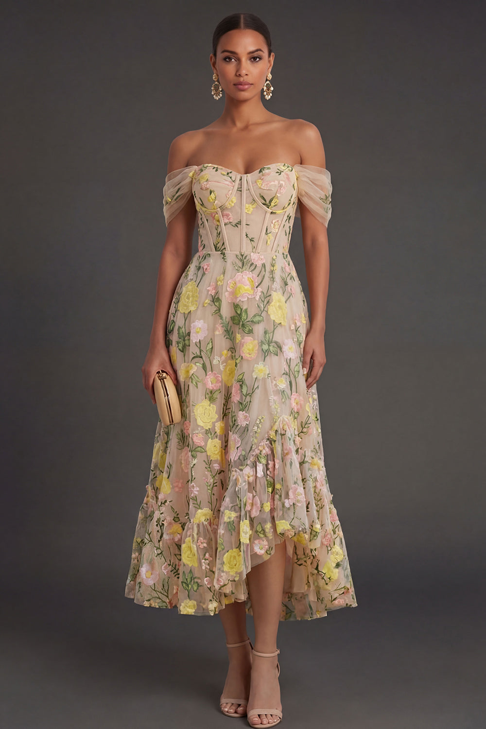 Leely Women Champagne Floral Corset Long Wedding Guest Dress Off the Shoulder Backless Sleeveless Garden Party Dress