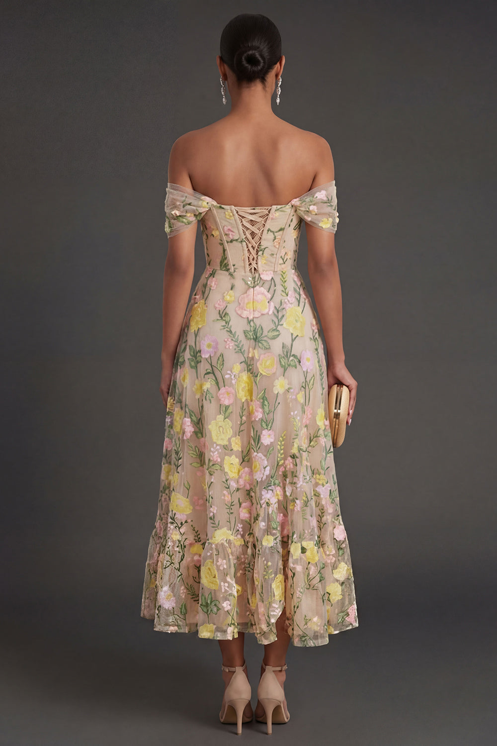 Champagne Floral Corset Long Wedding Guest Dress