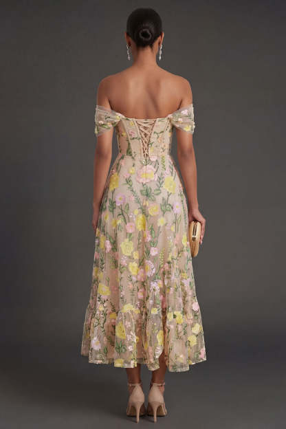 Champagne Floral Corset Long Wedding Guest Dress