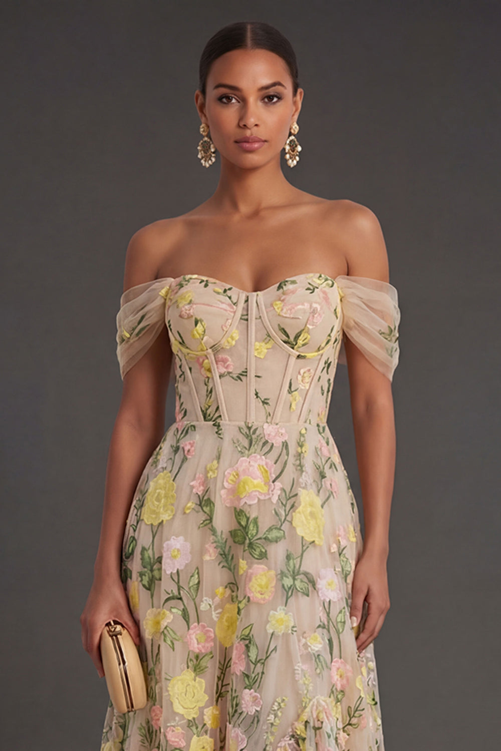 Champagne Floral Corset Long Wedding Guest Dress