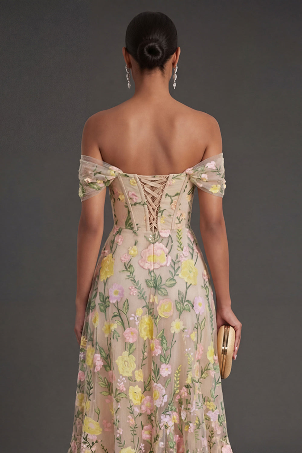 Champagne Floral Corset Long Wedding Guest Dress